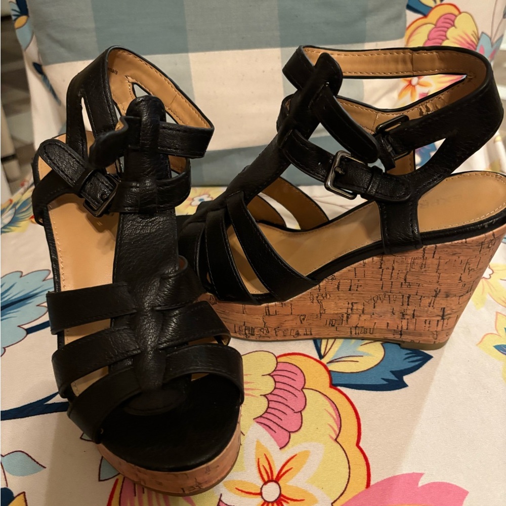 Express Black Leather Strappy Cork Wedge Sandals